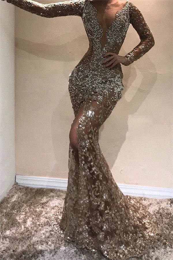 Sexy Gold V-Neck Long Sleeves Mermaid Prom Dress Sequins Long Sexy Gold V-Neck Long Sleeves Mermaid Prom Dress Sequins Long