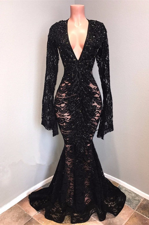 Sexy Long Sleeves Black Mermaid Prom Dress Lace V-neck Long Sexy Long Sleeves Black Mermaid Prom Dress Lace V-neck Long
