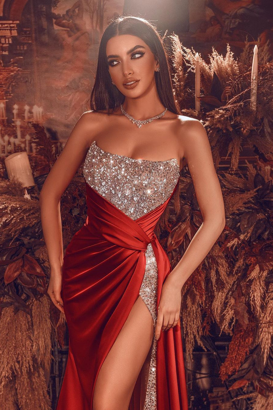 Sexy Red Front Slit Chiffon Evening Dress Strapless Sequins Long Ballbella Sexy Red Front Slit Chiffon Evening Dress Strapless Sequins Long Ballbella