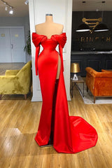 Sexy Red Long Sleeves Mermaid Prom Dress Off-the-Shoulder With Slit-Ballbella