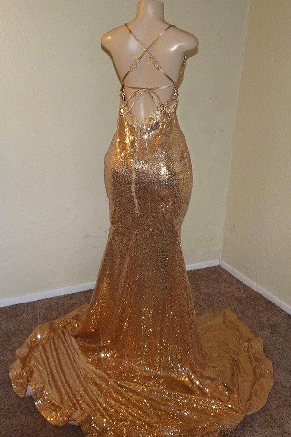 Sexy Spaghetti Straps V-Neck Mermaid Prom Dress Sequins Long Chiffon Gold with Split Sexy Spaghetti Straps V-Neck Mermaid Prom Dress Sequins Long Chiffon Gold with Split