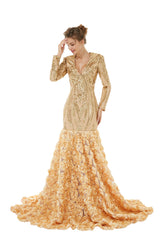 Sexy Sparkle Red Long sleeves V-neck Flowers Prom Dress | Ballbella Real Shooting-Ballbella