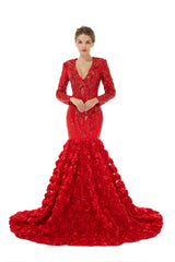 Sexy Sparkle Red Long sleeves V-neck Flowers Prom Dress | Ballbella Real Shooting-Ballbella