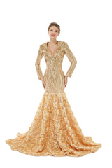 Sexy Sparkle Red Long sleeves V-neck Flowers Prom Dress | Ballbella Real Shooting-Ballbella