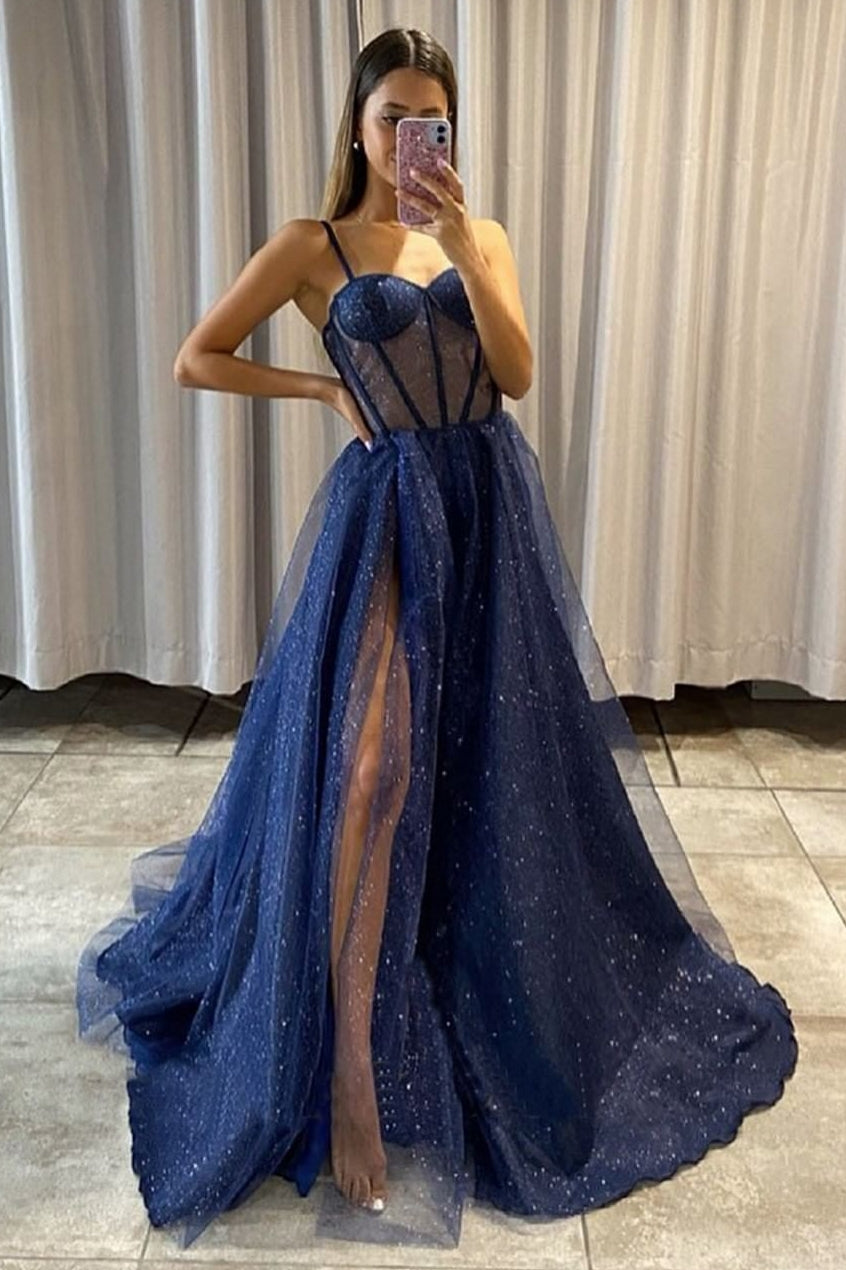 strapless open back dress Sexy Sparkle Spaghetti Strap Navy Blue A-Line Princess Tulle Prom Dress