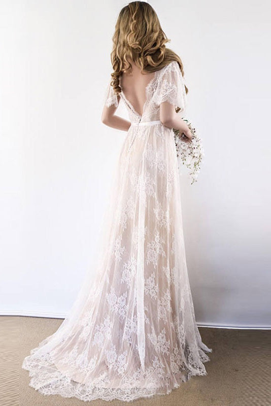 Sexy Tulle V-neck Short Sleeves Wedding Dress Lace Long-Ballbella