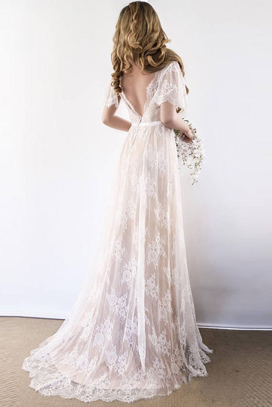 Sexy Tulle V-neck Short Sleeves Wedding Dress Lace Long Sexy Tulle V-neck Short Sleeves Wedding Dress Lace Long