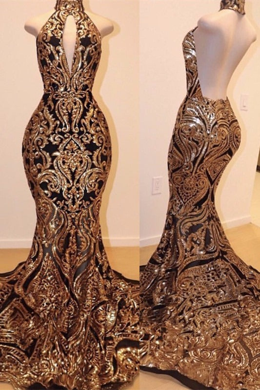 Sexy V-neck Halter Backless Mermaid Prom Dress Gold Sequins Long Backl Ballbella Sexy V-neck Halter Backless Mermaid Prom Dress Gold Sequins Long Backl Ballbella