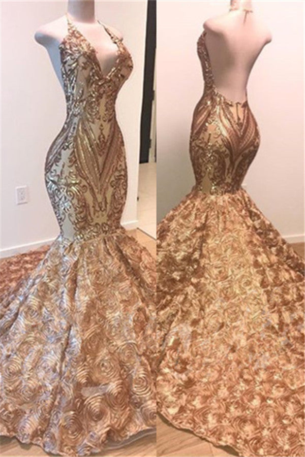 Sexy V-Neck Halter Gold Mermaid Prom Dress Sequins Backless Long Ballbella Sexy V-Neck Halter Gold Mermaid Prom Dress Sequins Backless Long Ballbella