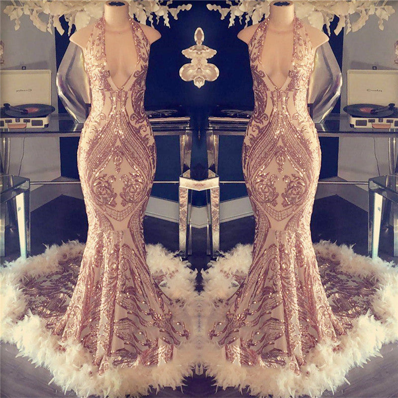 Sexy V-neck Halter Mermaid Prom Dress Gold Sequins Long Backless – Ballbella