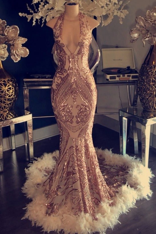 Sexy V-neck Halter Mermaid Prom Dress Gold Sequins Long Backless Sexy V-neck Halter Mermaid Prom Dress Gold Sequins Long Backless