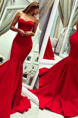 Sey Red Satin Mermaid Sleeveless Sweetheart Floor Length Backless Prom Dresses Evening Gowns With Zipper-Ballbella