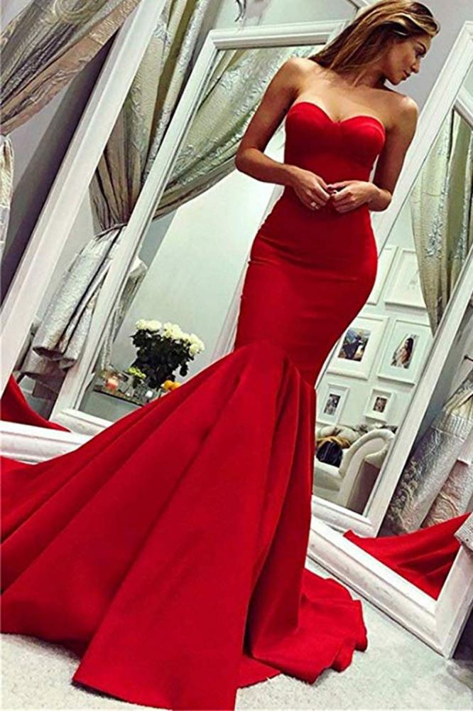 Sey Red Satin Mermaid Sleeveless Sweetheart Floor Length Backless Prom Dresses Evening Gowns with Zipper Sey Red Satin Mermaid Sleeveless Sweetheart Floor Length Backless Prom Dresses Evening Gowns with Zipper