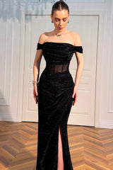 Sharking Black Mermaid Off-The-Shoulder Prom Dresses Sleeveless High Slit With Beadings-Ballbella