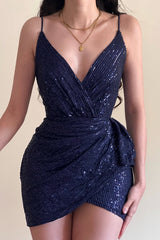 Sharking Navy Blue V-Neck Spaghetti-Straps Sequins Homecoming Dress Sleeveless Mini With Beads-Ballbella