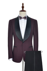 Sharp-looking Black Shawl Collor One Button Burgundy Wedding Suits for Men-Ballbella