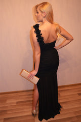 Sheath One-shoulder Hi-low Length Chiffon Rhinestone Prom Dress-Ballbella