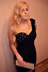 Sheath One-shoulder Hi-low Length Chiffon Rhinestone Prom Dress-Ballbella