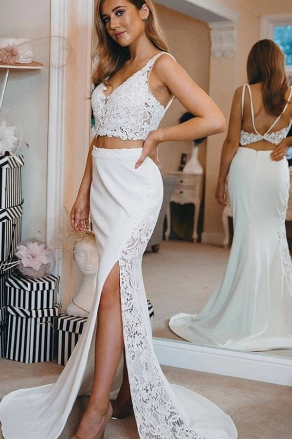 Sheath Spaghetti Strap Front Slit Short Train Applique Wedding Dress Sheath Spaghetti Strap Front Slit Short Train Applique Wedding Dress