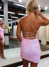 Sheath V-Neck Sleeveless Short/Mini Sequined Homecoming Dresses With Split Front-Ballbella