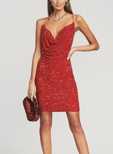 Sheath/Column Cowl Neck Short/Mini Sequined Homecoming Dresses-Ballbella