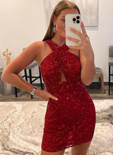 Sheath/Column Halter Sleeveless Short/Mini Sequined Homecoming Dresses-Ballbella
