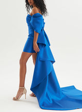 Sheath/Column Off-The-Shoulder Short/Mini Satin Homecoming Dresses-Ballbella
