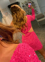 Sheath/Column One-Shoulder Long Sleeves Short/Mini Sequined Homecoming Dresses With Sequins-Ballbella