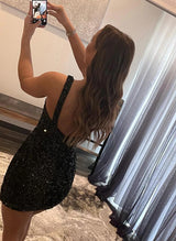 Sheath/Column One-Shoulder Sleeveless Sequined Short/Mini Homecoming Dresses With Sequins-Ballbella