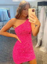 Sheath/Column One-Shoulder Sleeveless Sequined Short/Mini Homecoming Dresses With Sequins-Ballbella