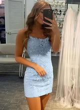 Sheath/Column Scoop Neck Short/Mini Lace Homecoming Dresses-Ballbella