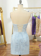 Sheath/Column Sleeveless Strapless Lace Short/Mini Homecoming Dresses With Lace-Ballbella