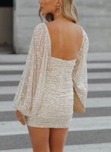 Sheath/Column V-Neck Long Sleeves Short/Mini Sequined Homecoming Dresses-Ballbella