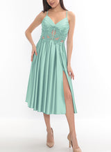 Sheath/Column V-Neck Sleeveless Satin Homecoming Dresses With Split Front-Ballbella