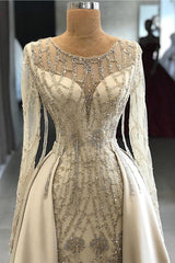 Shining Beaded Long Sleevess Round Neck Prom Dresses With Over Skirt A Line Evening Gowns-Ballbella