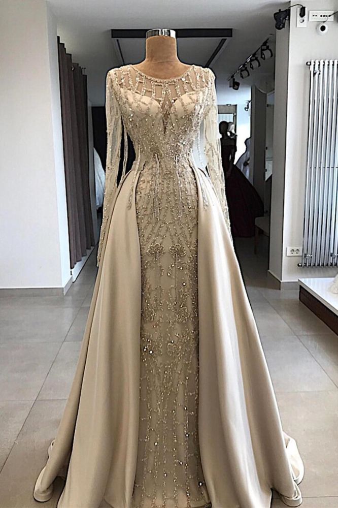 Shining Beaded Long Sleevess Round Neck Prom Dresses With Over Skirt A Ballbella Shining Beaded Long Sleevess Round Neck Prom Dresses With Over Skirt A Ballbella