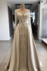 Shining Beaded Long Sleevess Round Neck Prom Dresses With Over Skirt A Line Evening Gowns-Ballbella