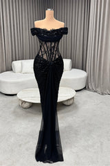 Shining Black Off-The-Shoulder Sequins Mermaid Prom Dresses Sheath With Lace-Ballbella