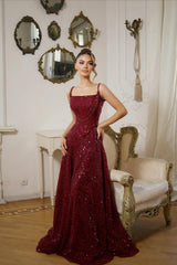 Shining Burgundy Spaghetti-Strap Sleeveless Sequins Prom Dress A-Line Long With Beads-Ballbella