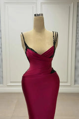 Shining Dark Red Spaghetti-Straps V-Neck Satin Prom Dress Sleeveless Mermaid With Beads-Ballbella