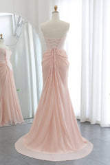 Shining Pink Strapless Sleeveless Chiffon Prom Dresses Long Beads With Lace-Up Back Pleats-Ballbella