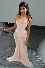 Shining Pink Strapless Sleeveless Chiffon Prom Dresses Long Beads With Lace-Up Back Pleats-Ballbella