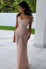 Shining Pink Strapless Sleeveless Chiffon Prom Dresses Long Beads With Lace-Up Back Pleats-Ballbella