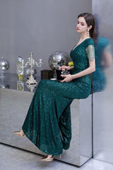 Shining Sequined Emerald Green Mermaid Cap sleeve Long Prom Party Gowns-Ballbella