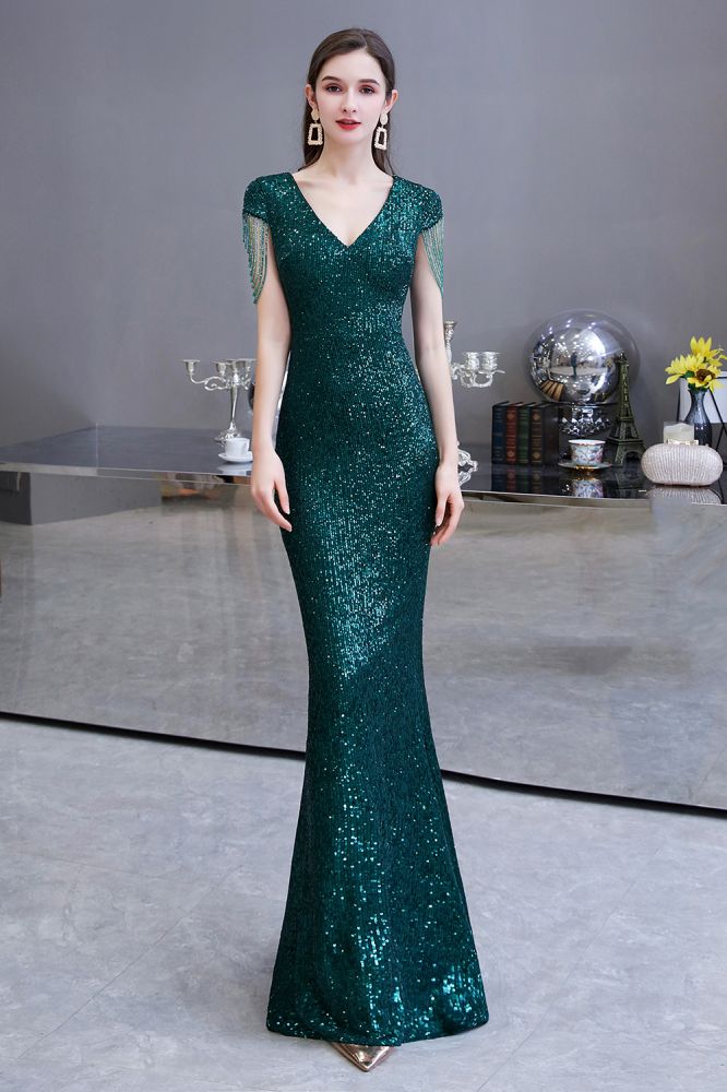 Shining Sequined Emerald Green Mermaid Cap sleeve Long Prom Party Gowns Shining Sequined Emerald Green Mermaid Cap sleeve Long Prom Party Gowns