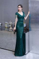 Shining Sequined Emerald Green Mermaid Cap sleeve Long Prom Party Gowns-Ballbella