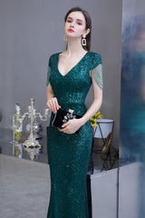 Shining Sequined Emerald Green Mermaid Cap sleeve Long Prom Party Gowns-Ballbella