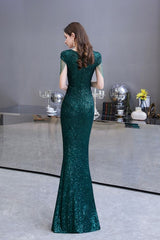 Shining Sequined Emerald Green Mermaid Cap sleeve Long Prom Party Gowns-Ballbella