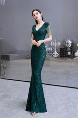 Shining Sequined Emerald Green Mermaid Cap sleeve Long Prom Party Gowns-Ballbella