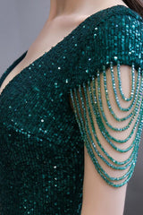 Shining Sequined Emerald Green Mermaid Cap sleeve Long Prom Party Gowns-Ballbella